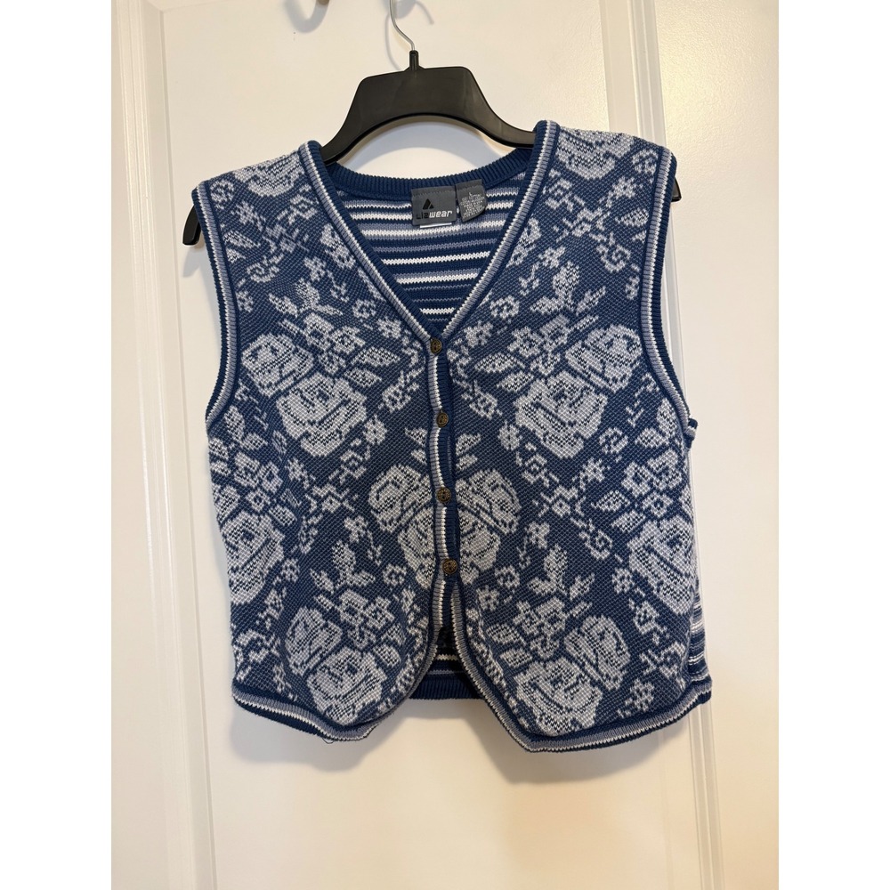 Lizwear Vtg Sweater Vest Womens Large Blue Floral Rose Cotton Knit Button